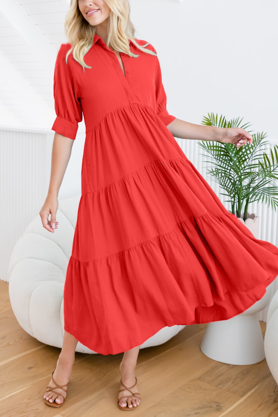 HOT SALE Mid-sleeved Shirt Tiered Maxi Dress