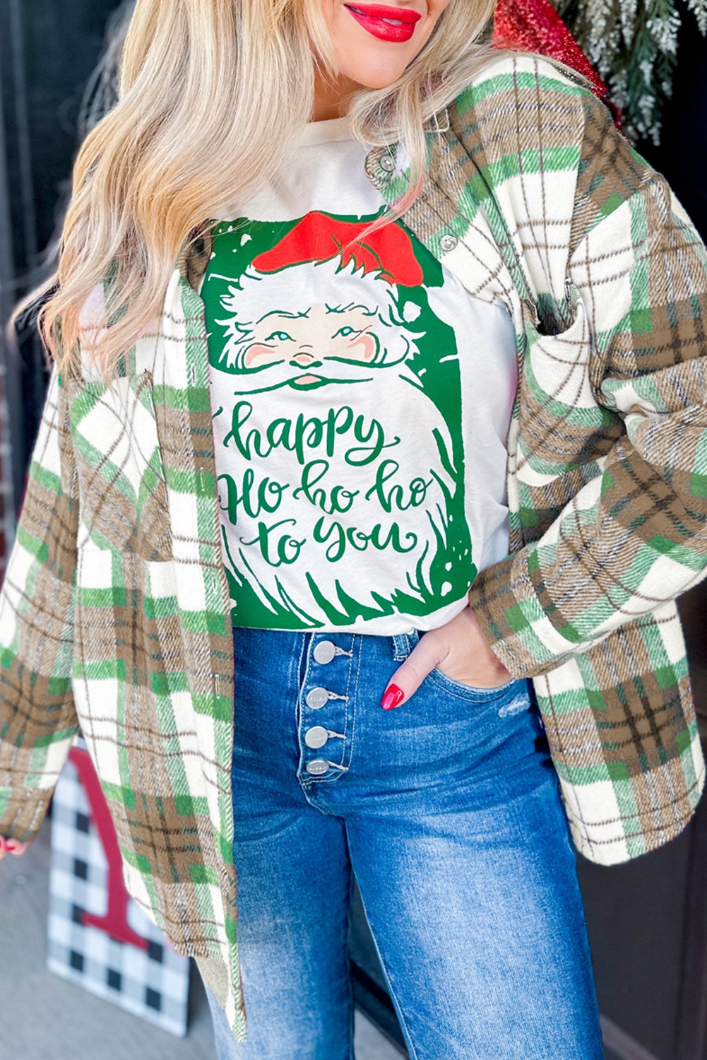 Women's Christmas Plaid Buttoned Casual Flannel Shacket