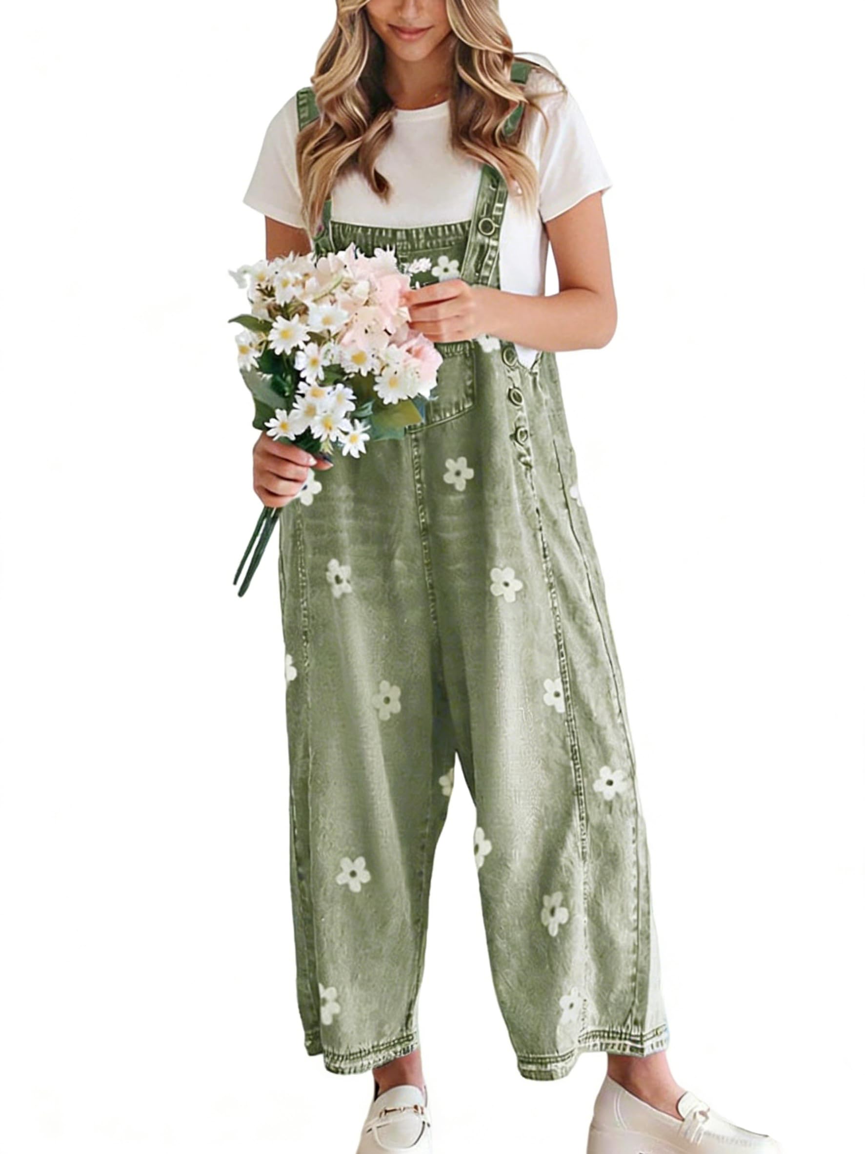 Women's Floral Printed Adjustable Strap Denim Bib Overalls Baggy Jumpsuit