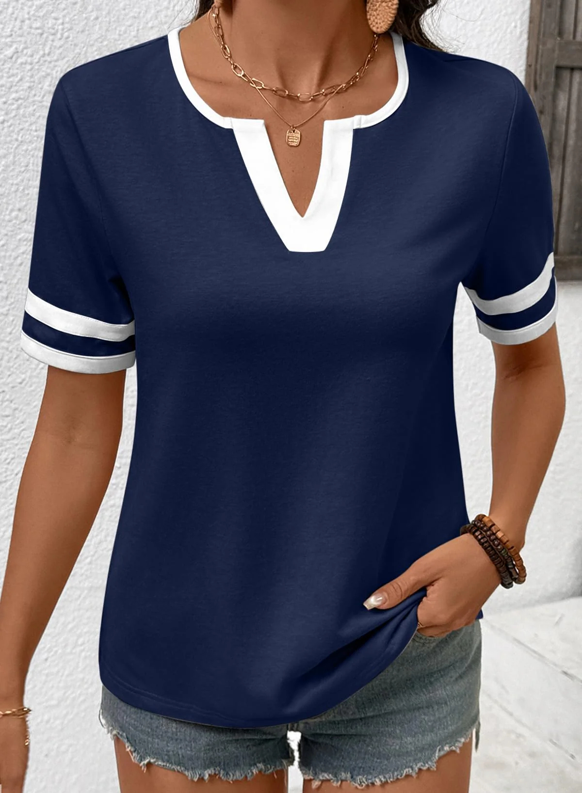 HOT SALE Women's Casual Colorblock V-Neck T-Shirt