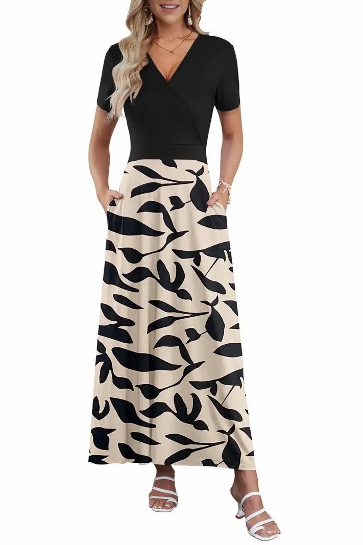 Women's V Neck Floral Print Beach Long Flowy Dress with Pockets