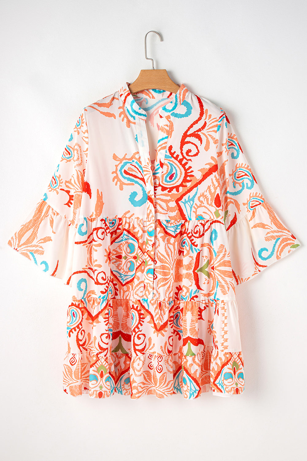 Women's Print Boho Button 3/4 Sleeve Tiered Babydoll Dress