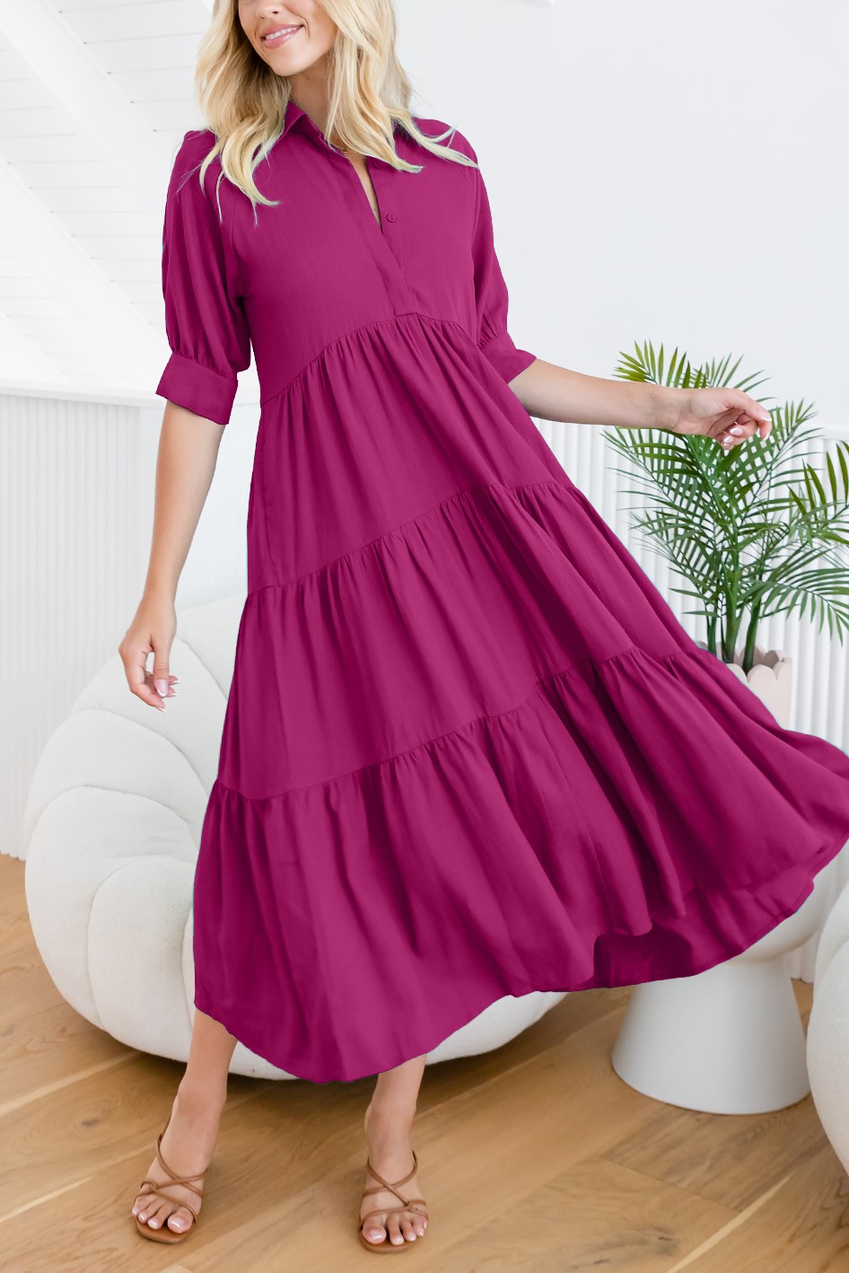 HOT SALE Mid-sleeved Shirt Tiered Maxi Dress