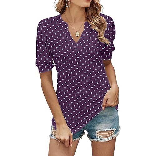 Women's Polka Dot V-neck Short Sleeve Shirt Puff Sleeve Top(BUY 3 FREE SHIPPING)