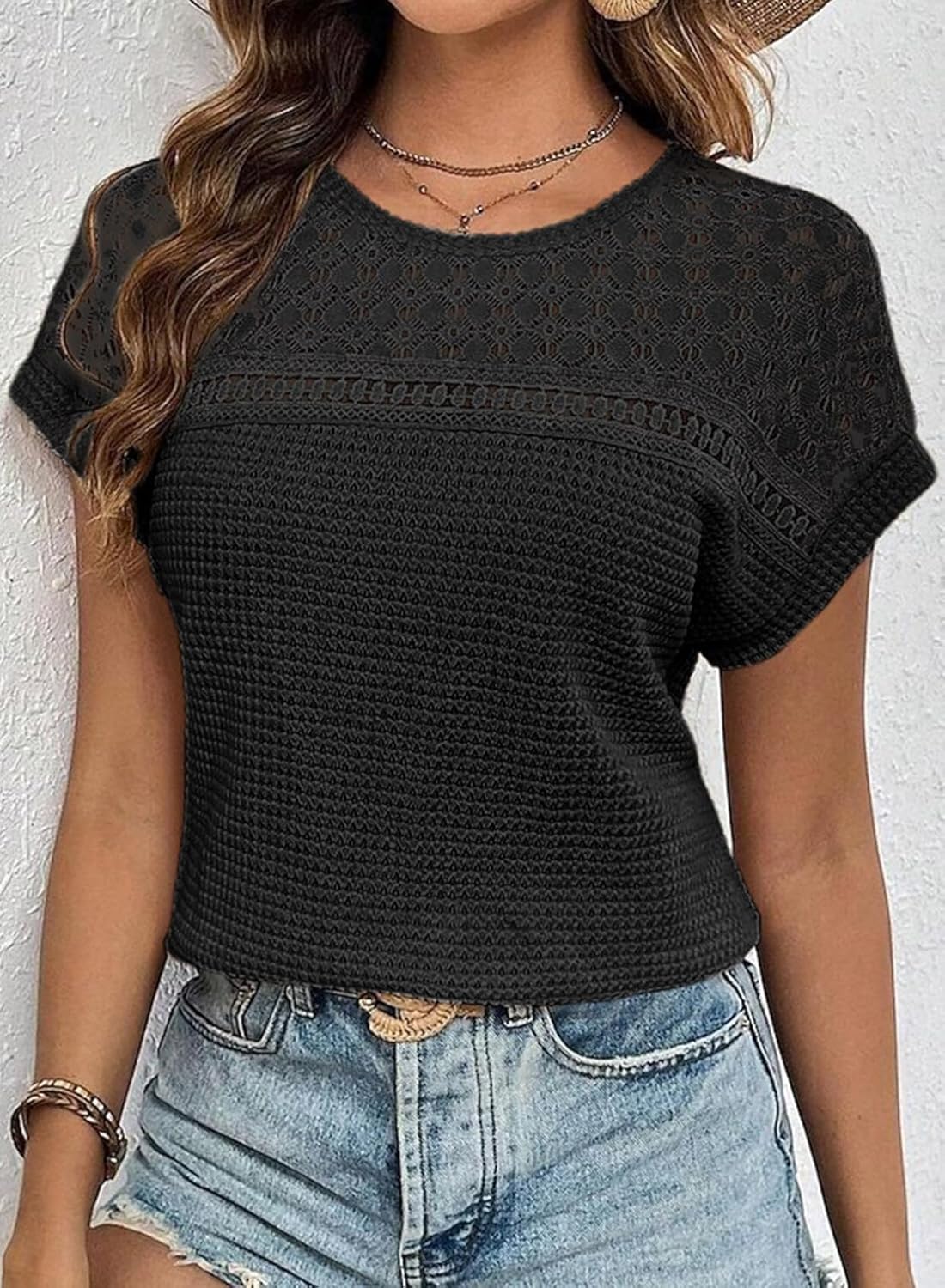 HOT SALE Women's Casual Waffle Knit Hollow Out Short Sleeve Shirts