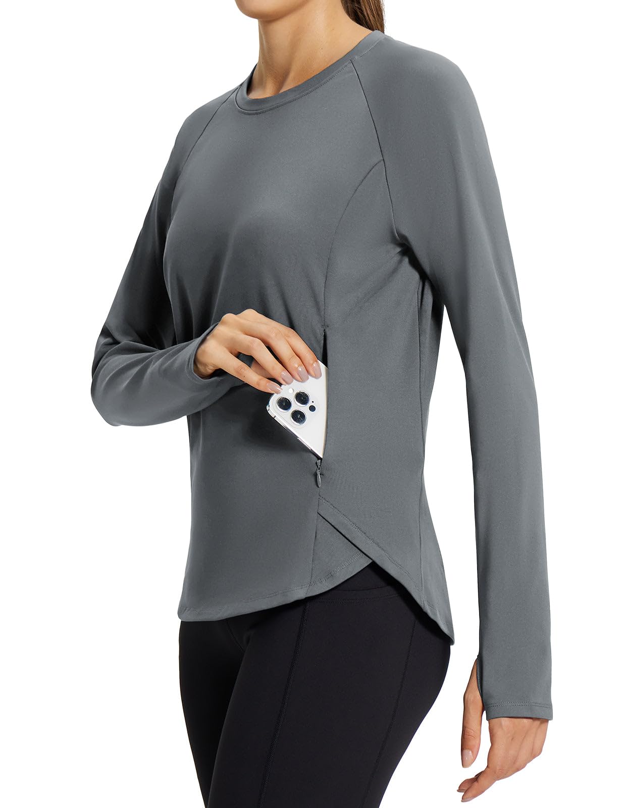Women's Fleece Lined Long Sleeve Sports Tops with Thumbholes and Zipper Pocket