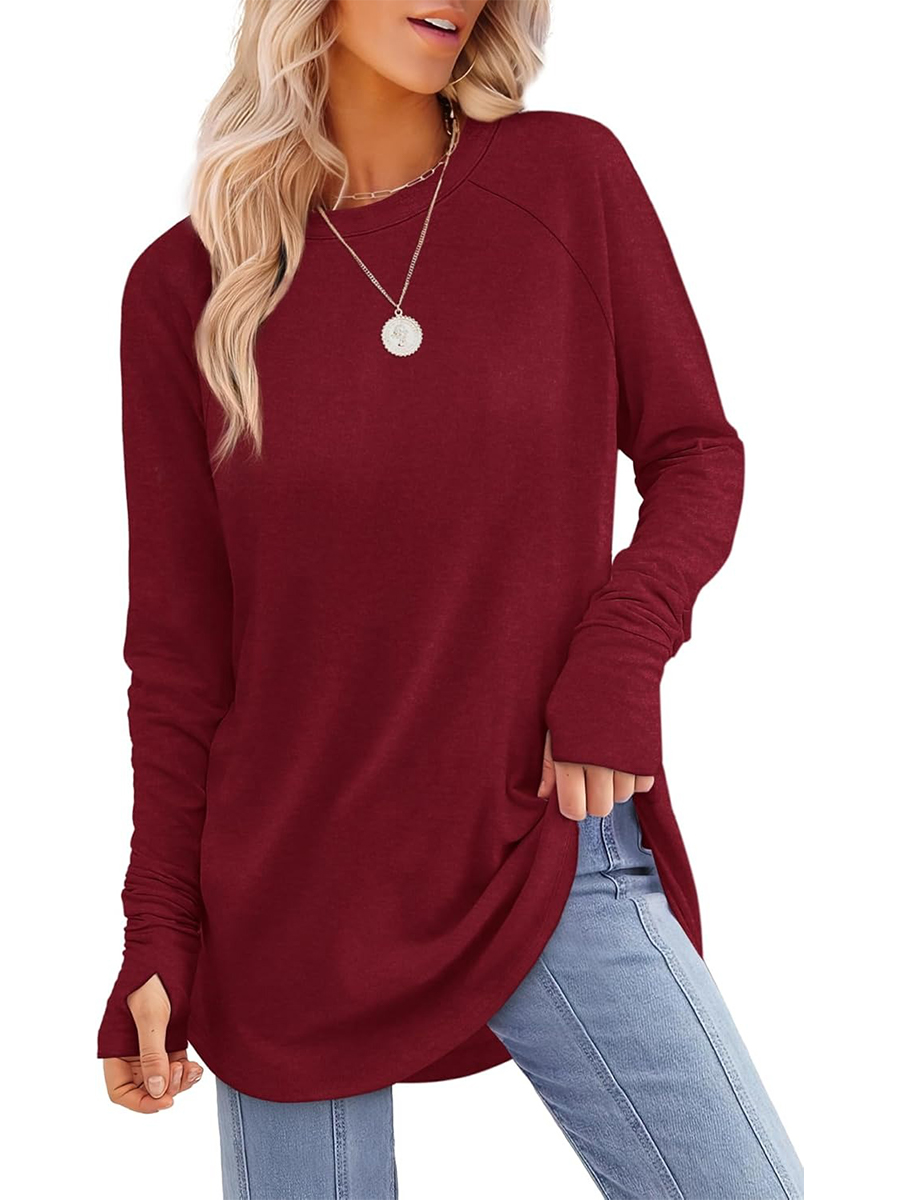 Women's Crew Neck Long Sleeve Thumb Hole Shirts Basic Top