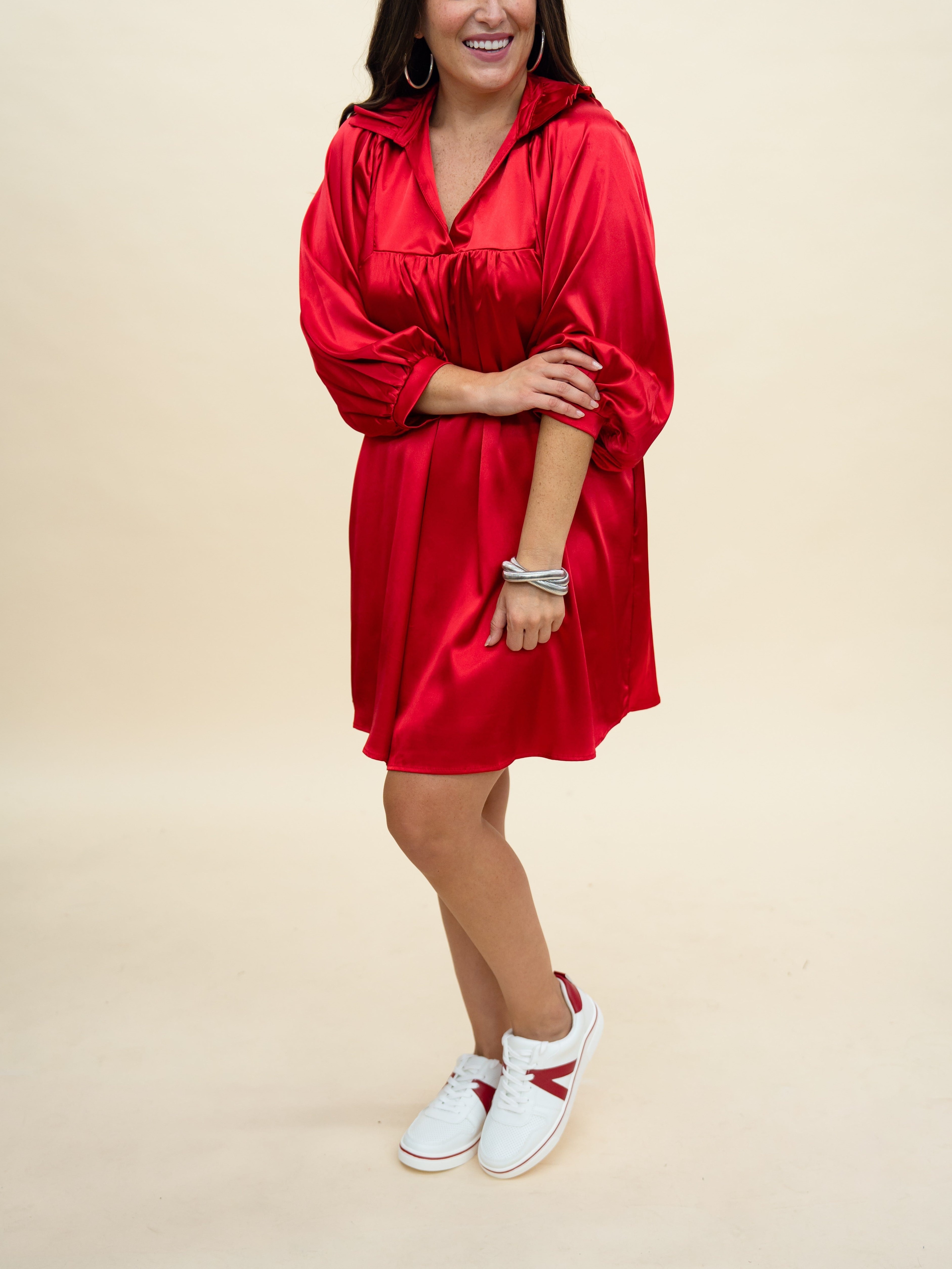 HOT SALE Satin High Ruffle Collar Puff Sleeve Dress