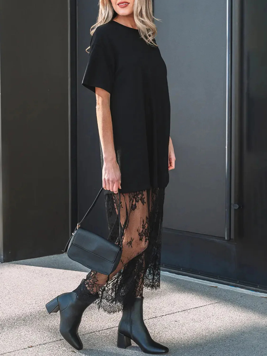 HOT SALE Women's Oversized T-Shirt Maxi Dress with Sheer Lace Hem Drop