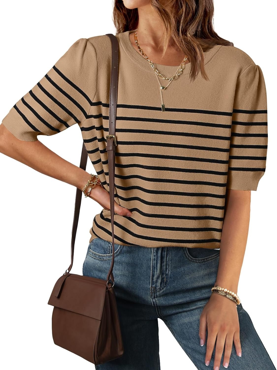 Women's Casual Striped Puff Sleeve Knit T-Shirts Top