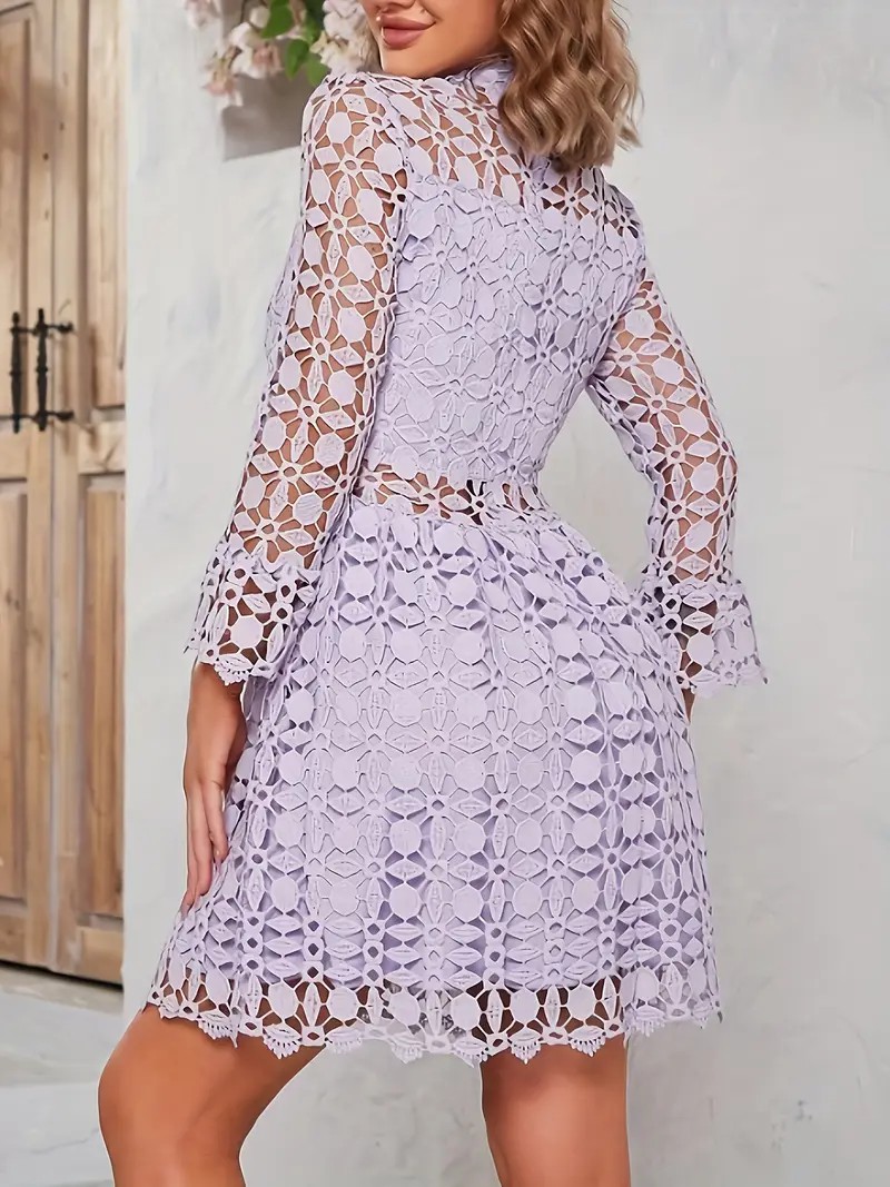 Women's Stand Collar Lace Hollow-Out Floral Pattern Dress