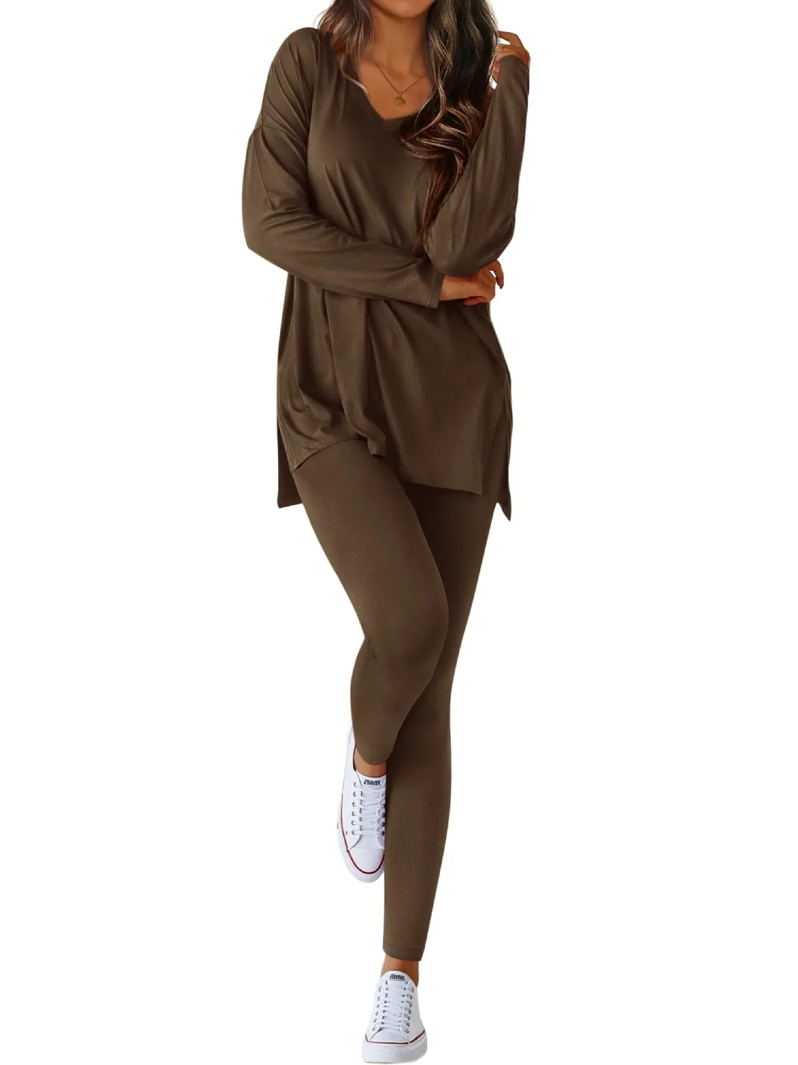 Women's V-neck Oversized Shirts Leggings Casual Lounge Matching Set