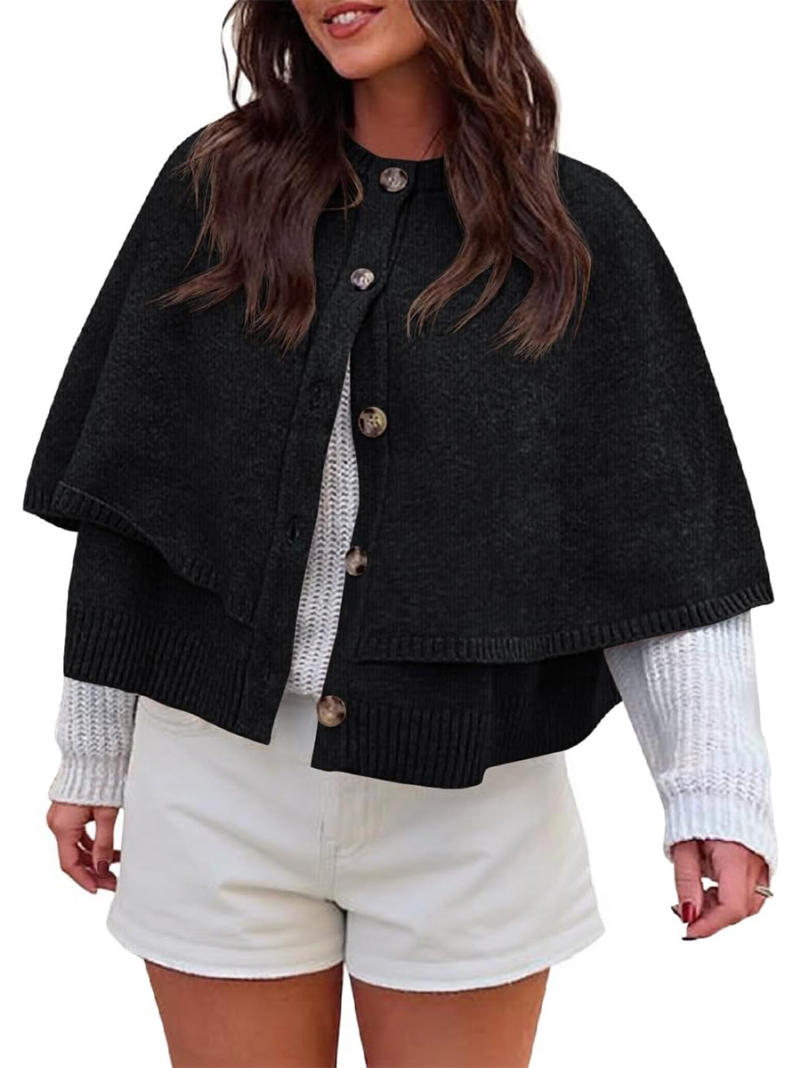 Women's Button Up Crew Neck Knit Knit Cape Cardigan Sweater