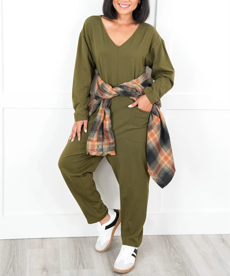 Solid Long Sleeve V Neck Jumpsuit With Patch Pockets (Multiple Colors)