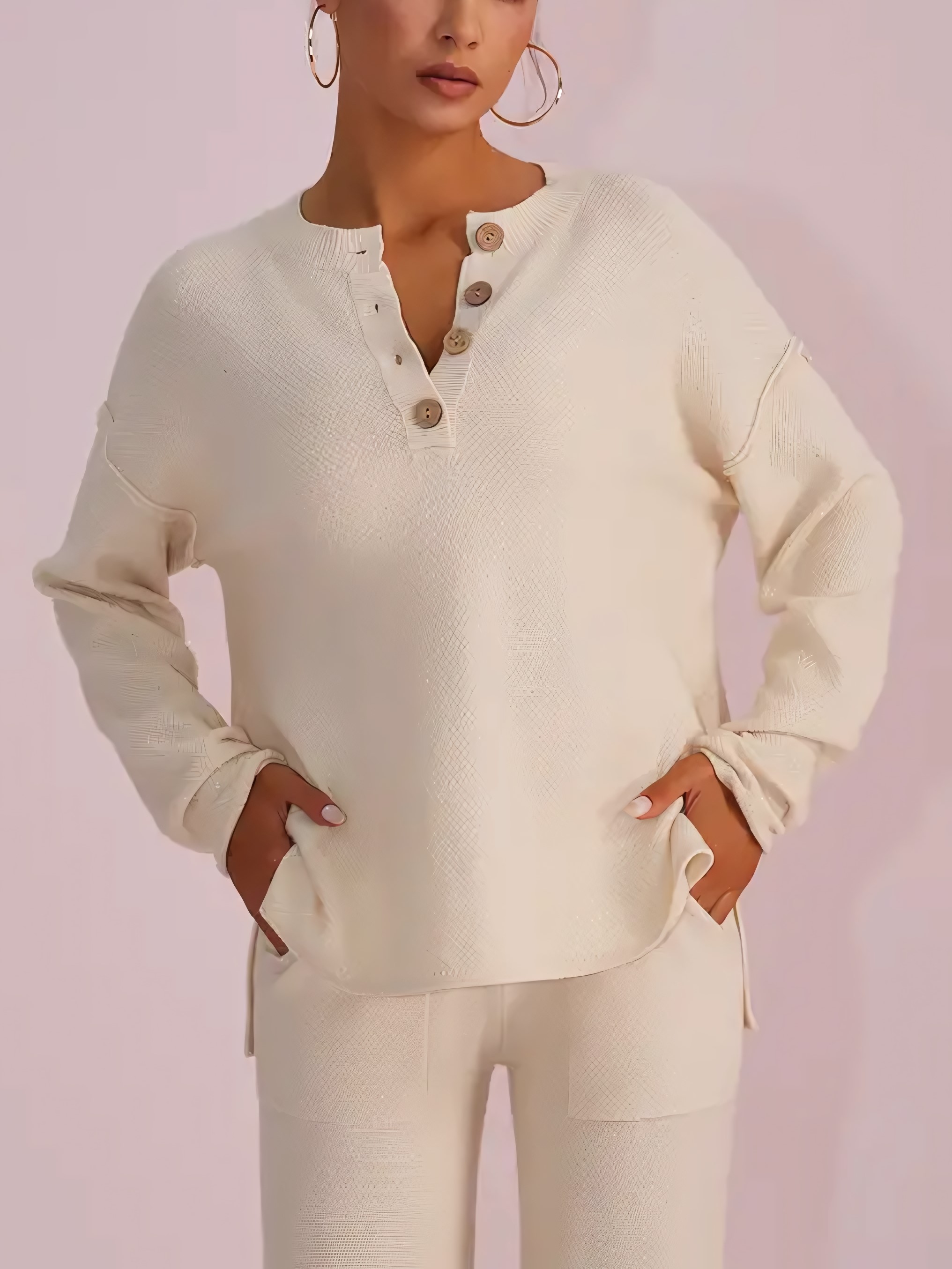 Women's Button Front Top & Wide Leg Pants Waffle Knit Lounge Set