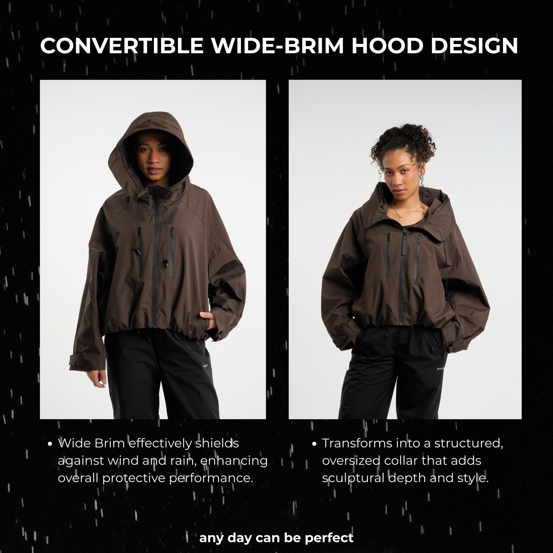 Women's Oversized Pleated Hem Rain Jacket With Hooded