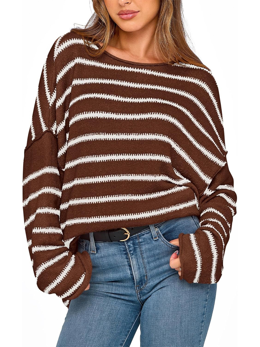 Women's Striped Boat Neck Off Shoulder Oversized Knit Sweaters