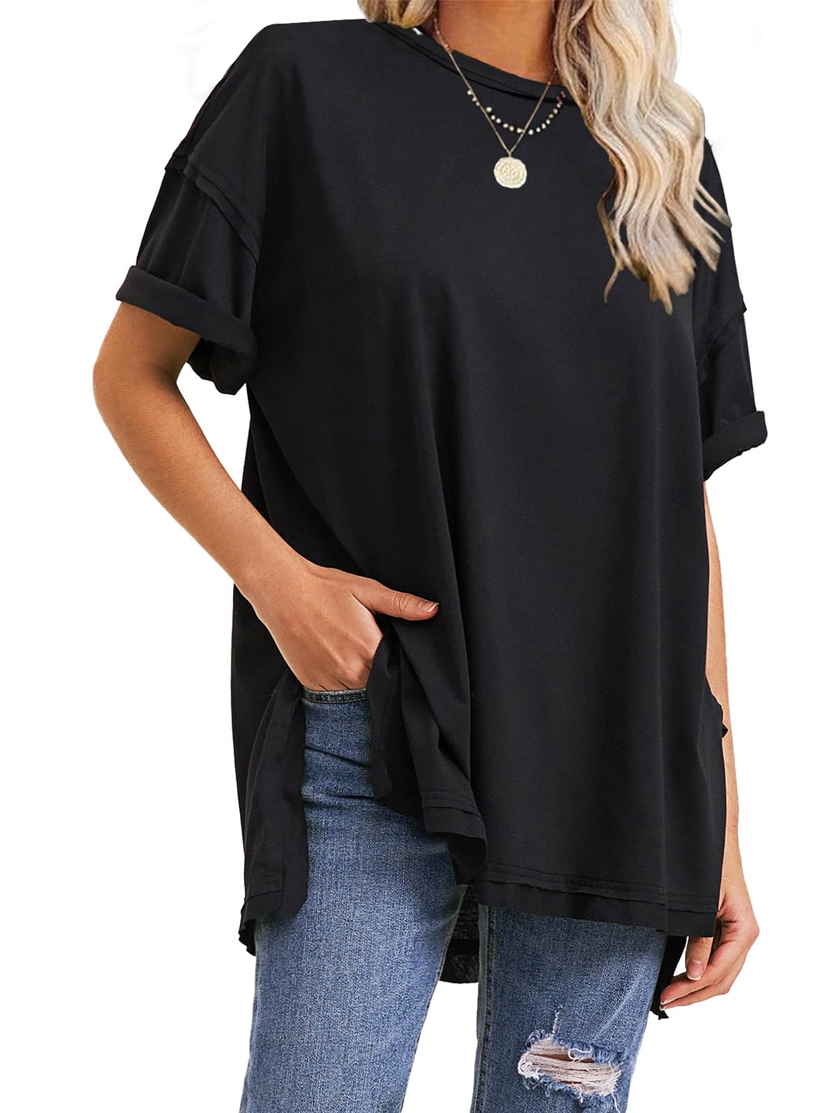 HOT SALE Oversized Crewneck Loose Side Slit Plus T-shirts 