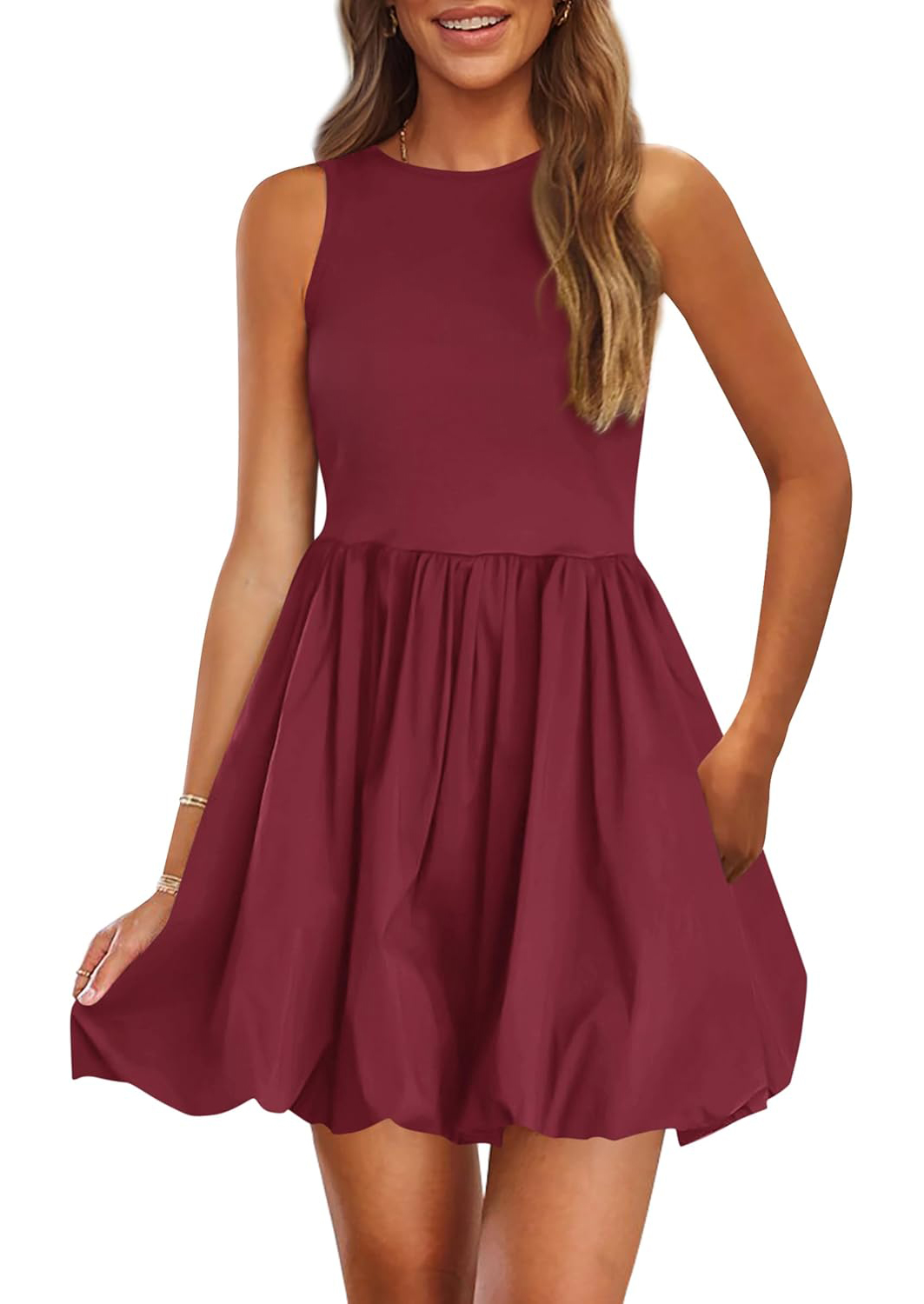 Women's Casual Crew Neck Sleeveless Tank Bubble Dress with Pockets