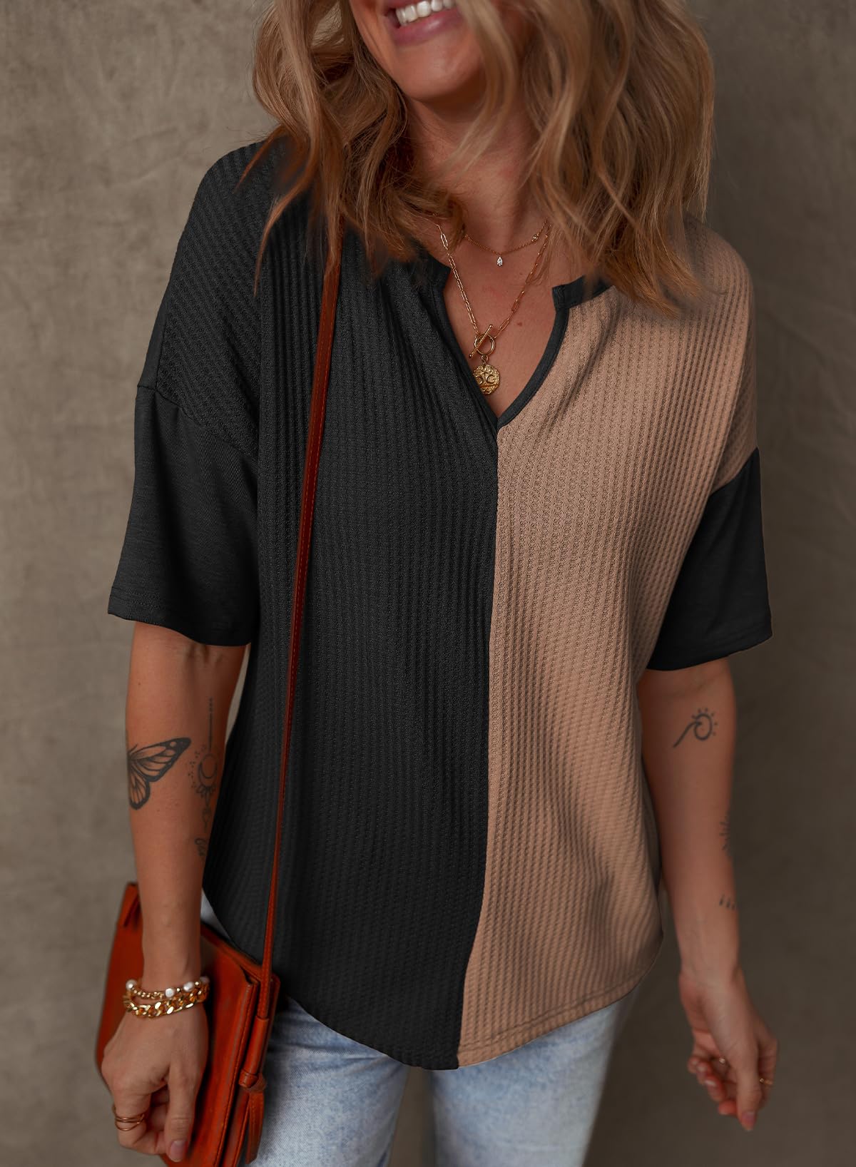 2025 New Women's Half Sleeve Waffle Knit Casual V Neck Colorblock Patchwork Shirts(buy 2 free shipping)
