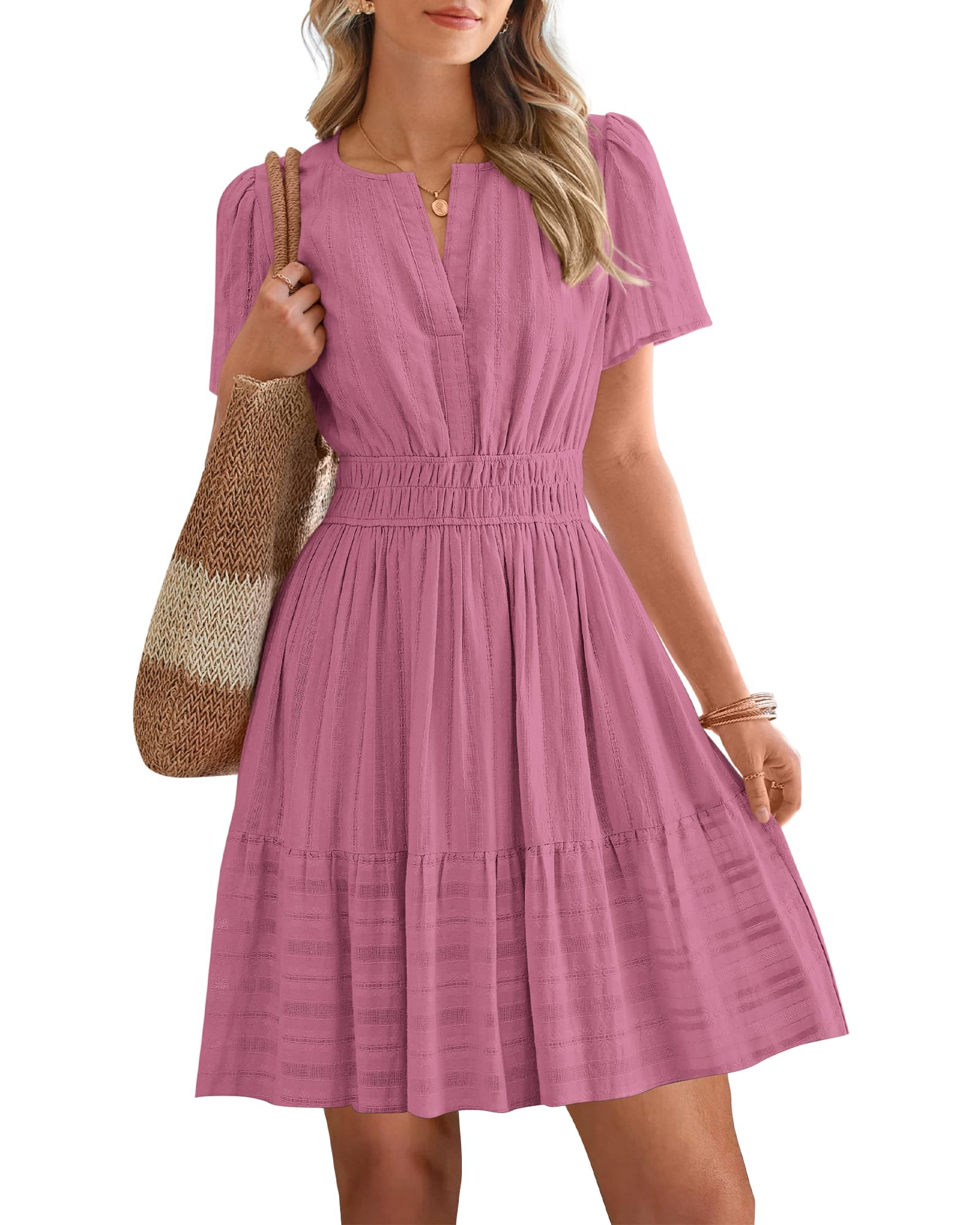 Women's Lightweight Short Sleeve V Neck Elastic Waist Mini Dress 