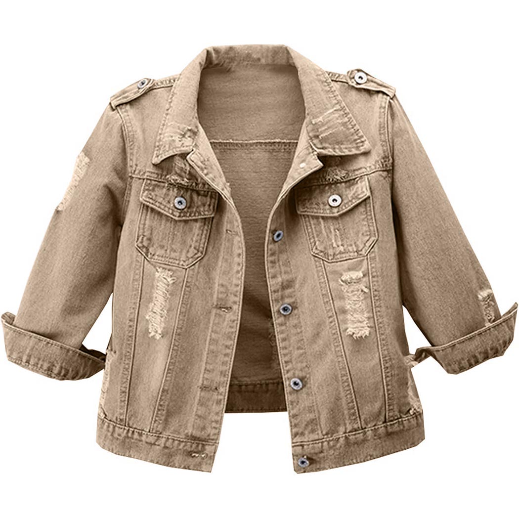 Women's 3/4 Sleeve Washed Ripped Cropped Denim Jackets