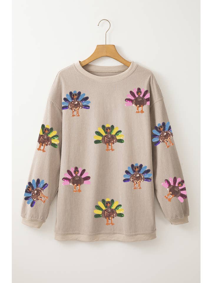 Women's Sequin Turkey Patch Thanksgiving Corduroy Sweatshirt (Buy 2 Free Shipping)