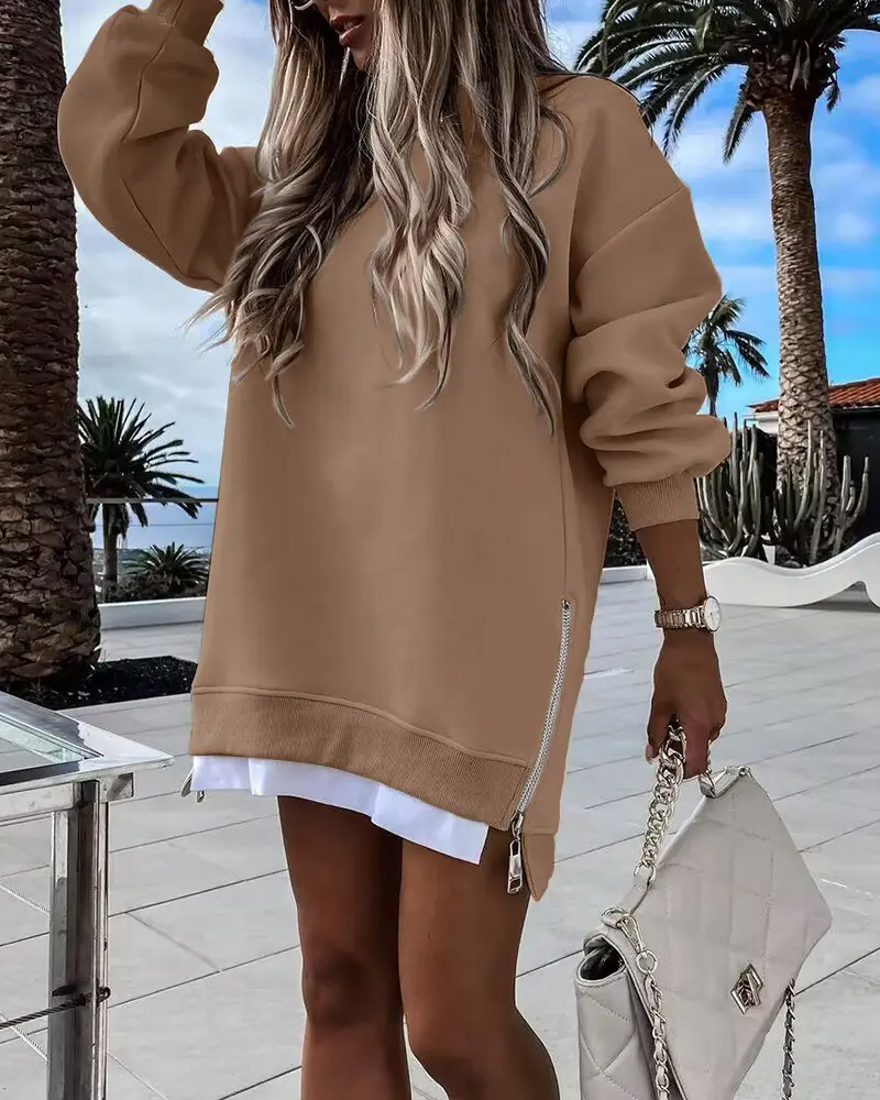 Womens Long Sleeve Pullover Sweatshirt Zipper Slit Casual Dress