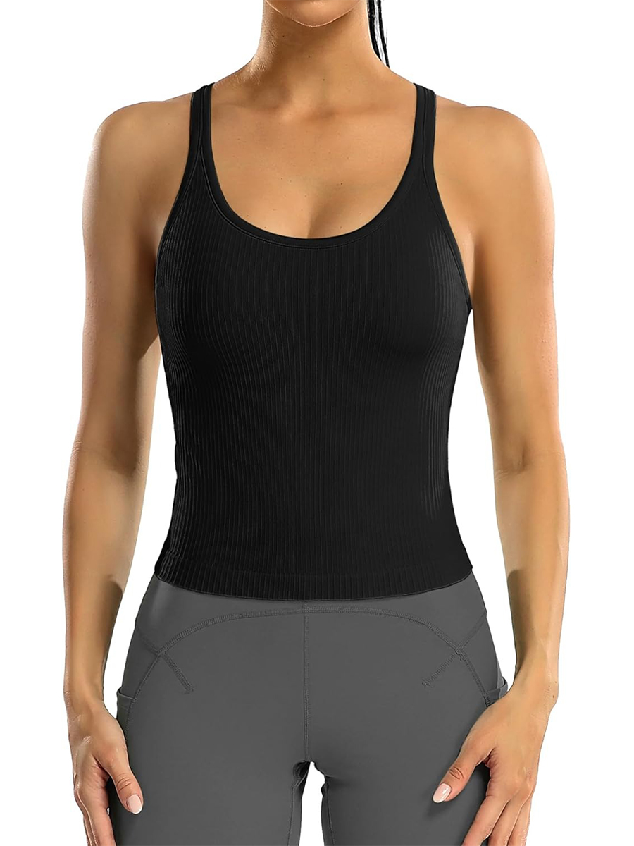 Women's Ribbed Workout Crop Racerback Tank Tops with Built in Bra