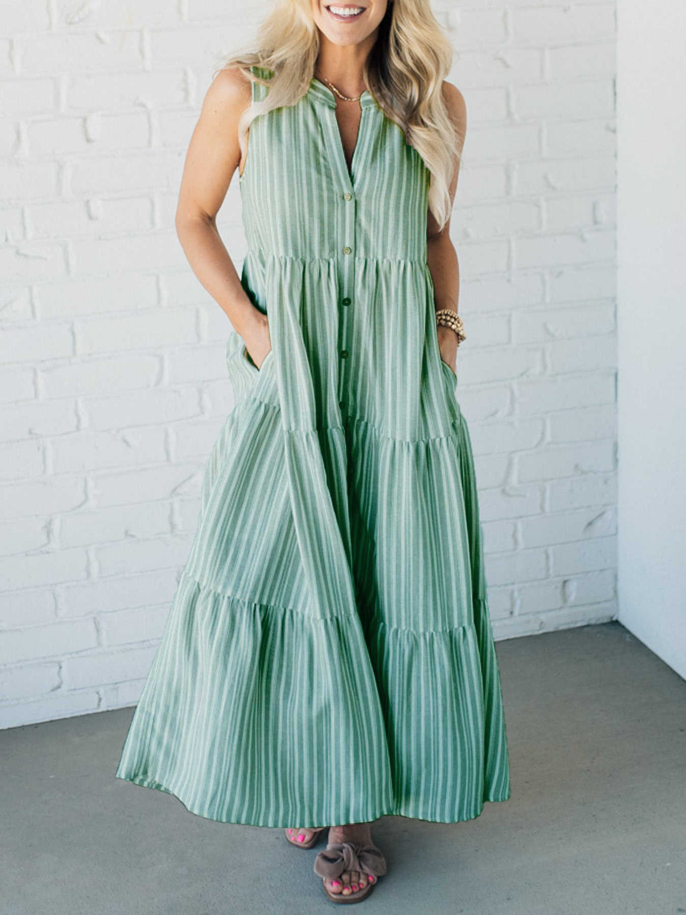 HOT SALE V Neck Striped Button Front Tiered Dress (Buy 2 Free Shipping)