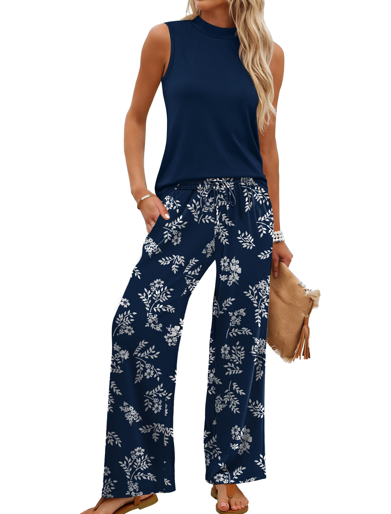 Women Summer Spring Outfits Mock Neck Wide Leg Pants Two Piece Set