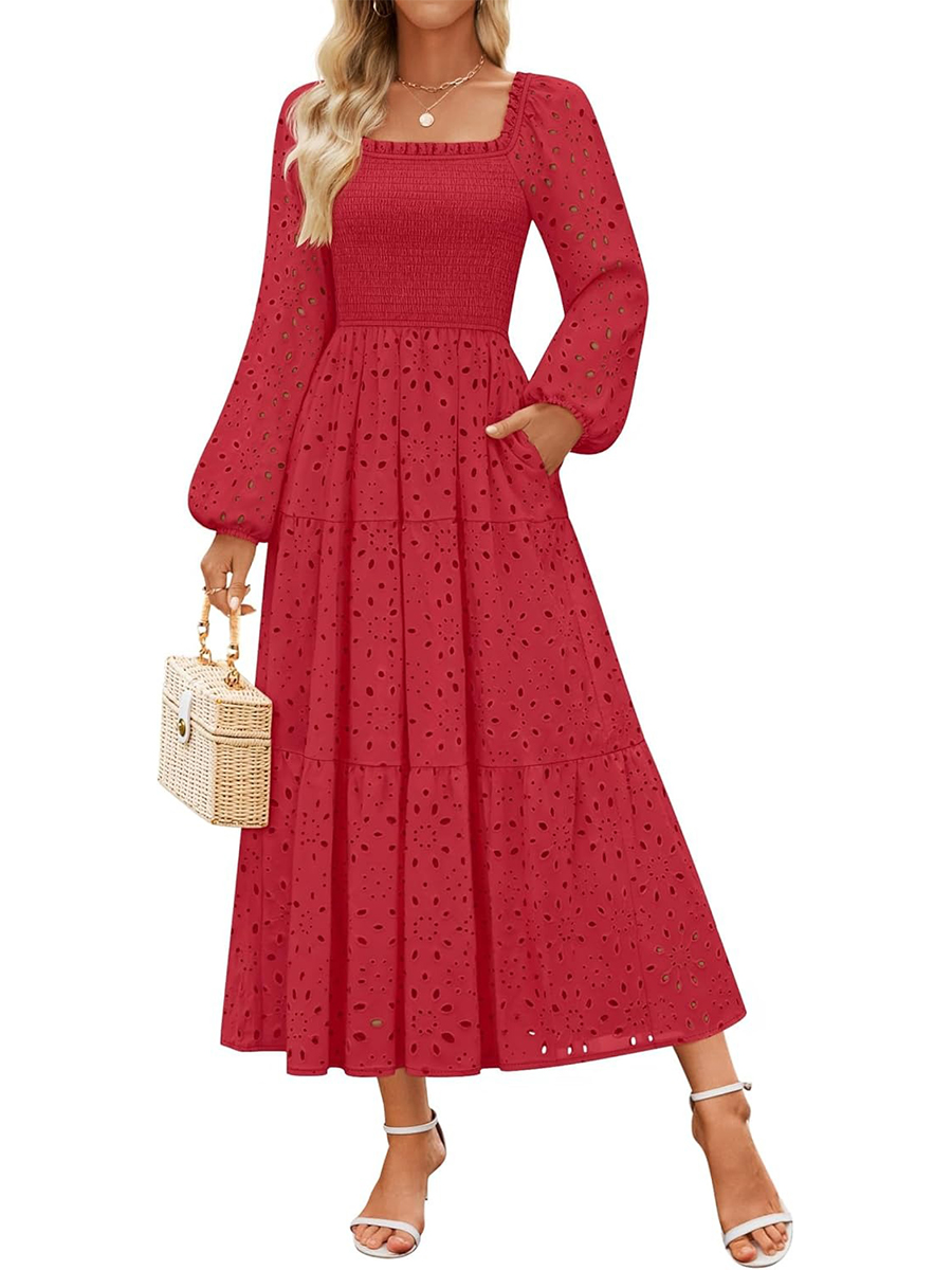 Women's Square Neck Hollow Out Eyelet Smocked A Line Long Sleeve Dress