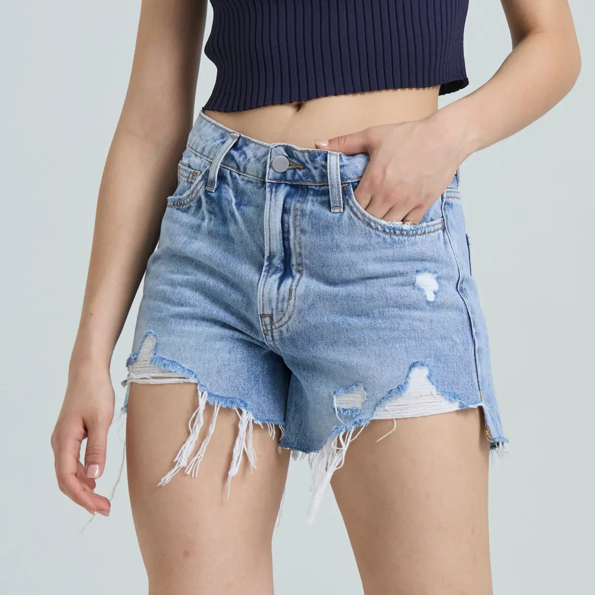 Non-Stretch High Rise Frayed Raw Hem Ripped Jean Shorts