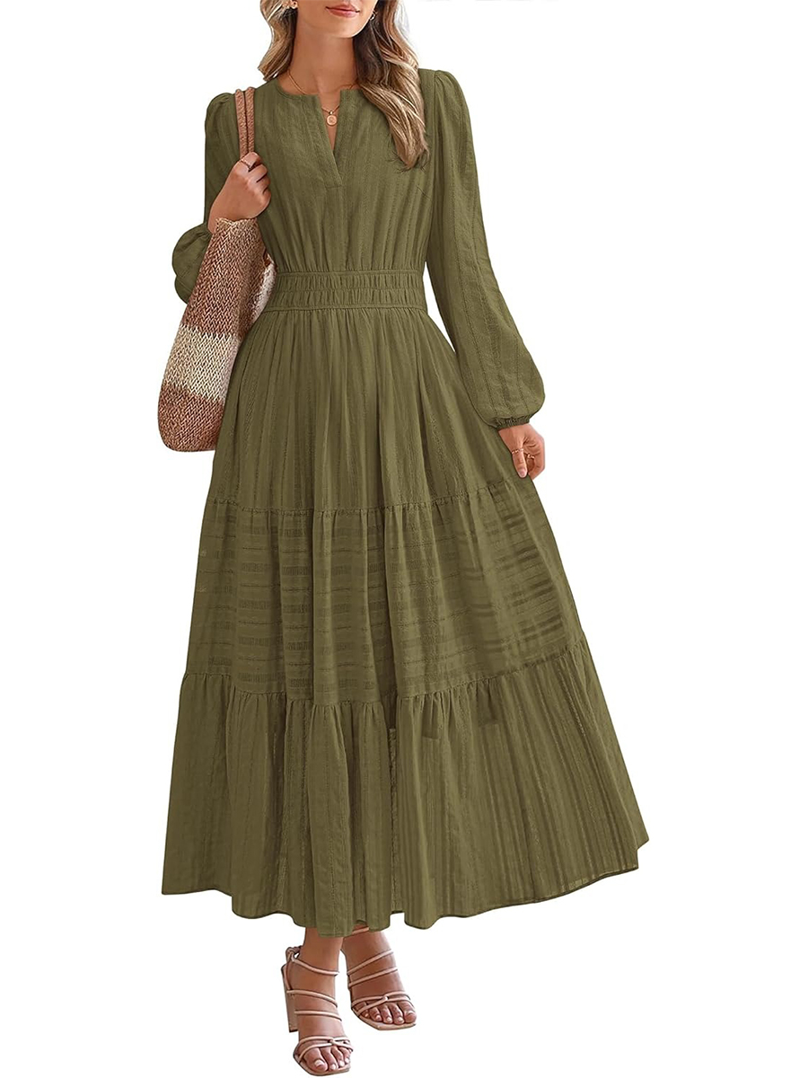 Women's Casual Long Sleeve V Neck Elastic Waist Lightweight Maxi Dress