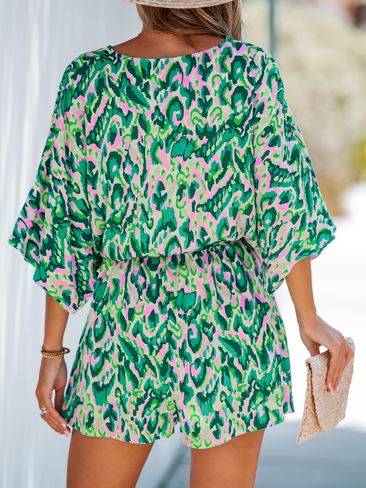 Women's Lace Up Print Romper Short Sleeves Jumpsuits Wide leg Outfit (buy 2 free shipping!!!)