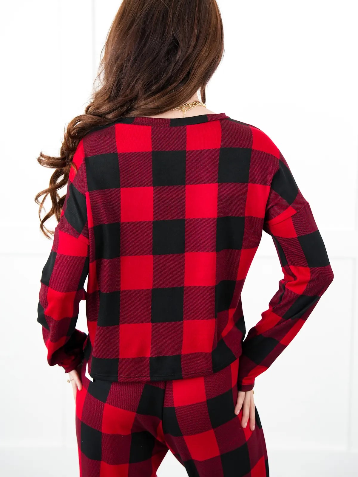 Christmas Plaid Long Sleeve Round Neck Elasic Pants Casual Pajama Set