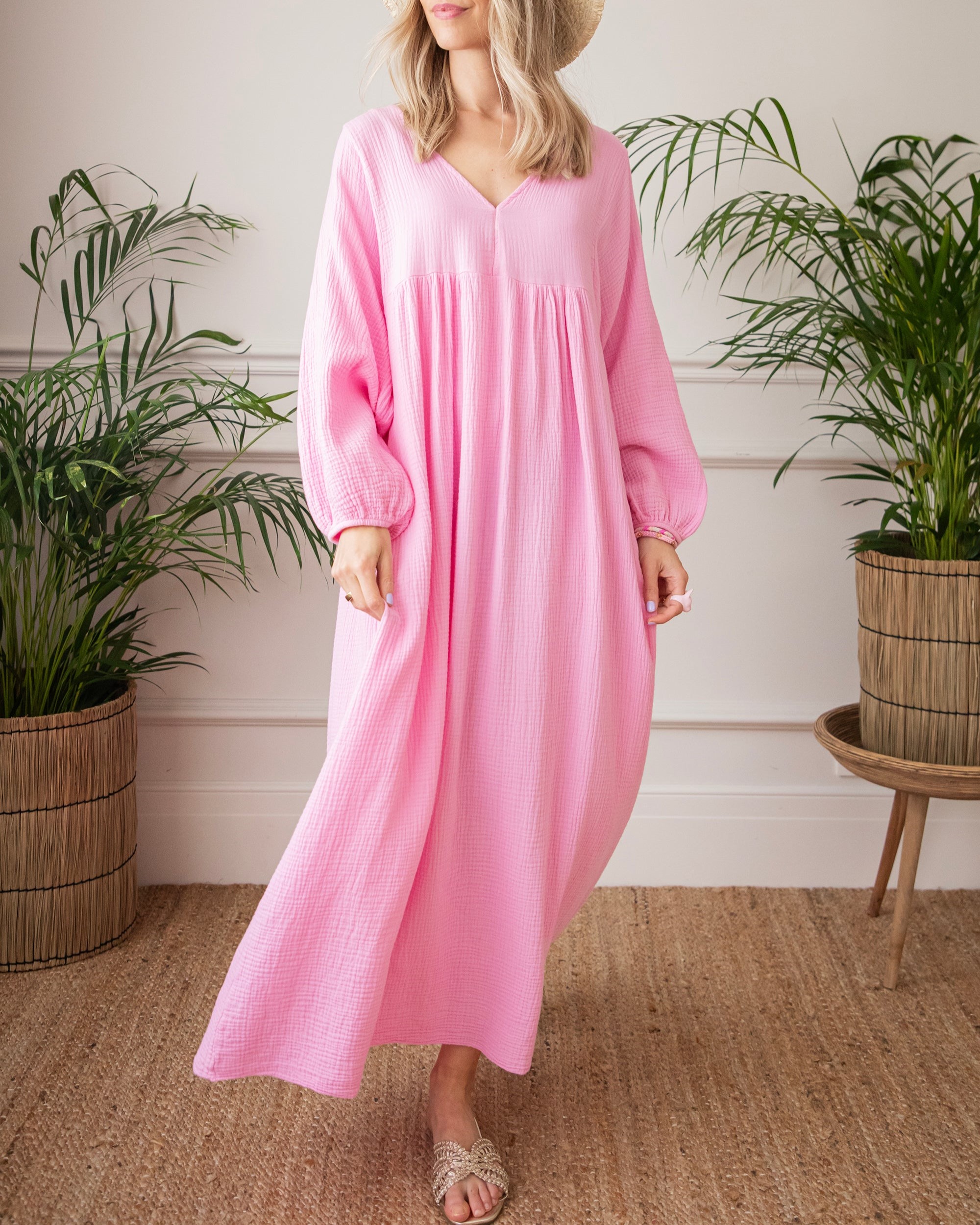 V Neck Puff Long Sleeve Maxi Dress