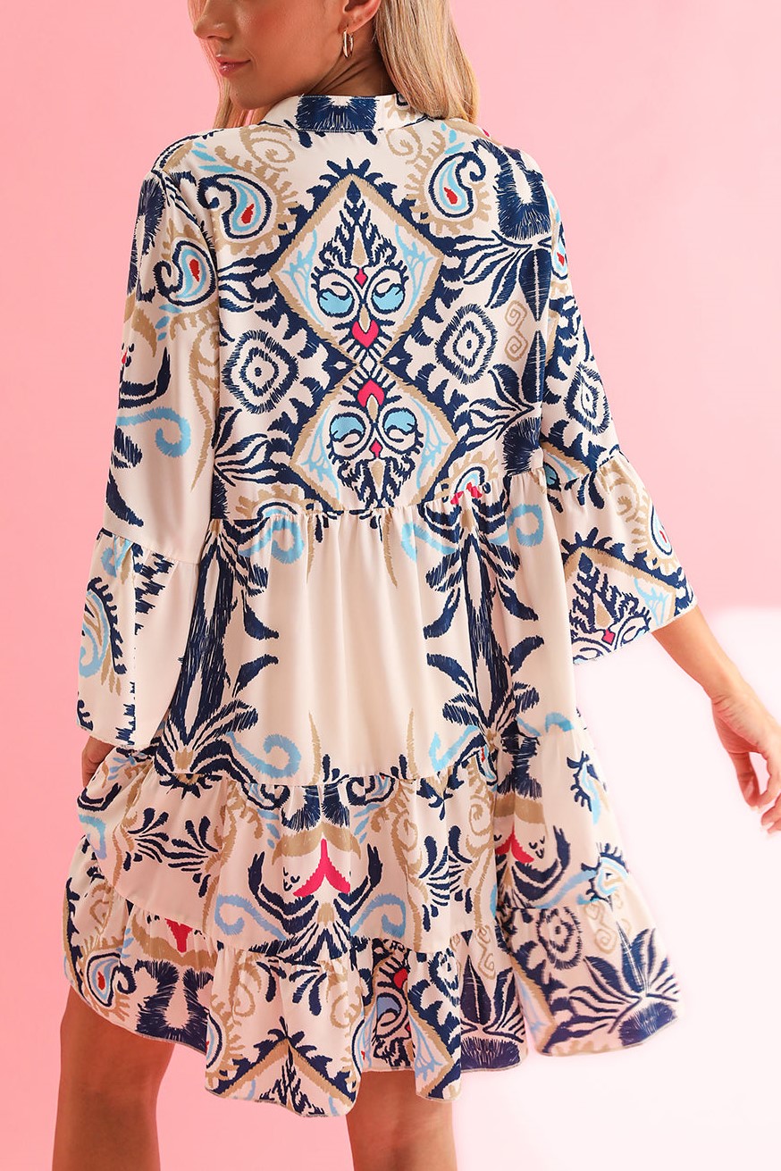 Women's Print Boho Button 3/4 Sleeve Tiered Babydoll Dress