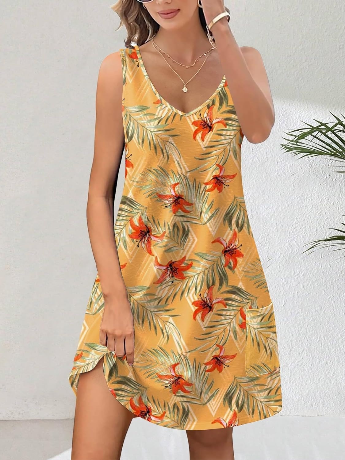 Women's Casual Floral V Neck Loose Tank Dress with Pockets