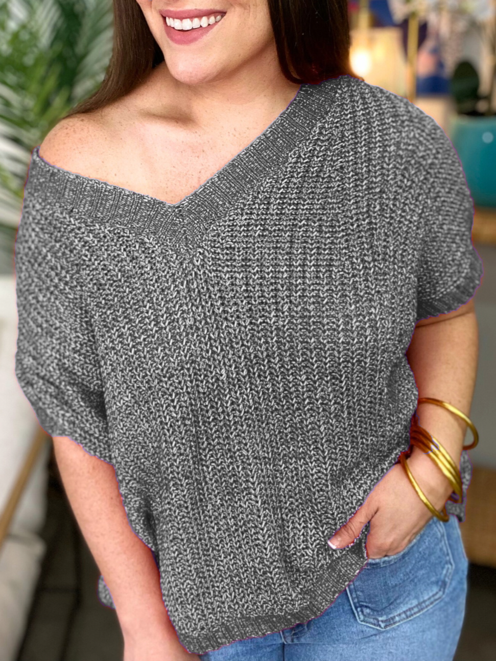 2024 Oversized Knitted V-neck Short Sleeve Top