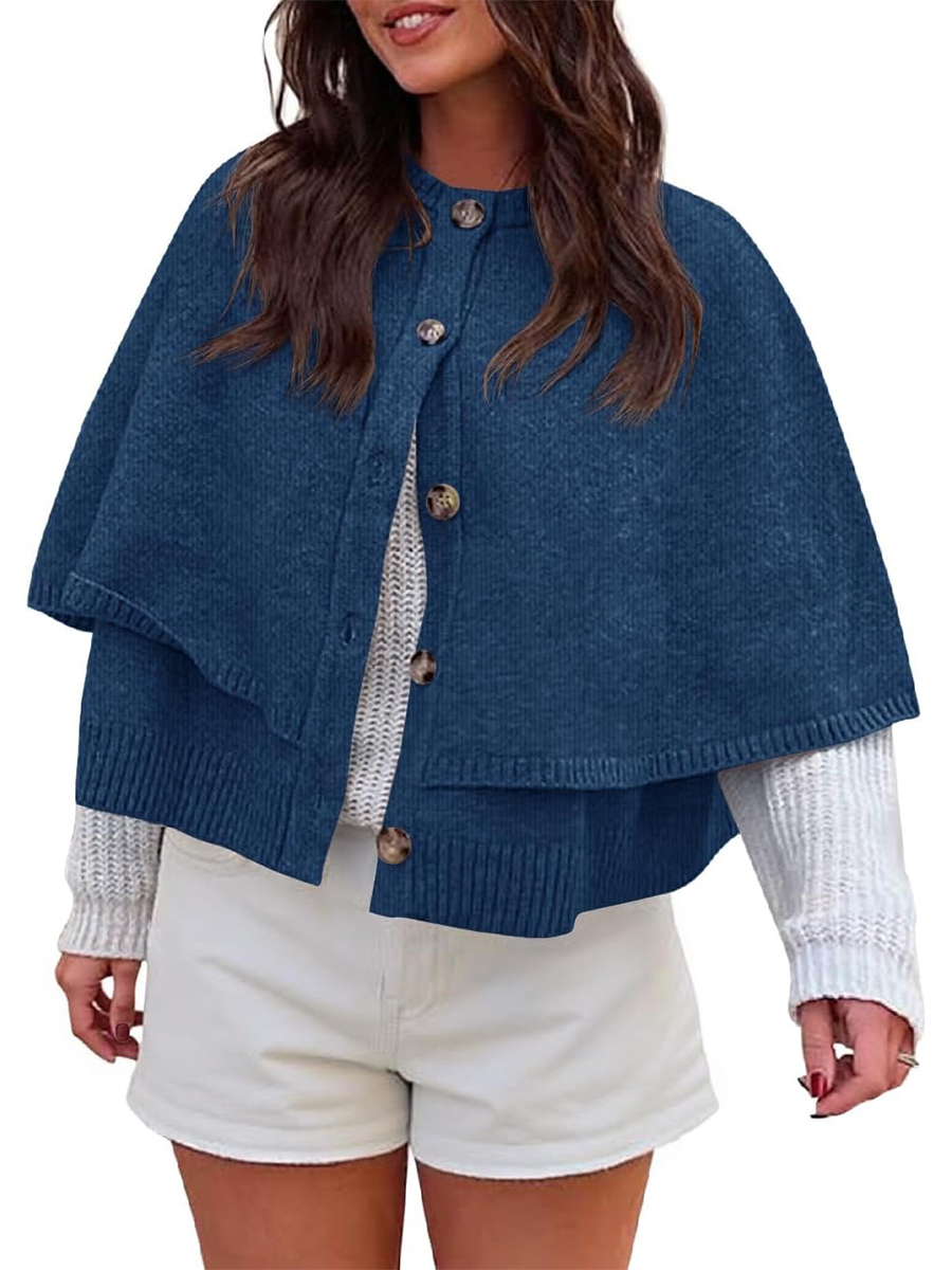 Women's Button Up Crew Neck Knit Knit Cape Cardigan Sweater