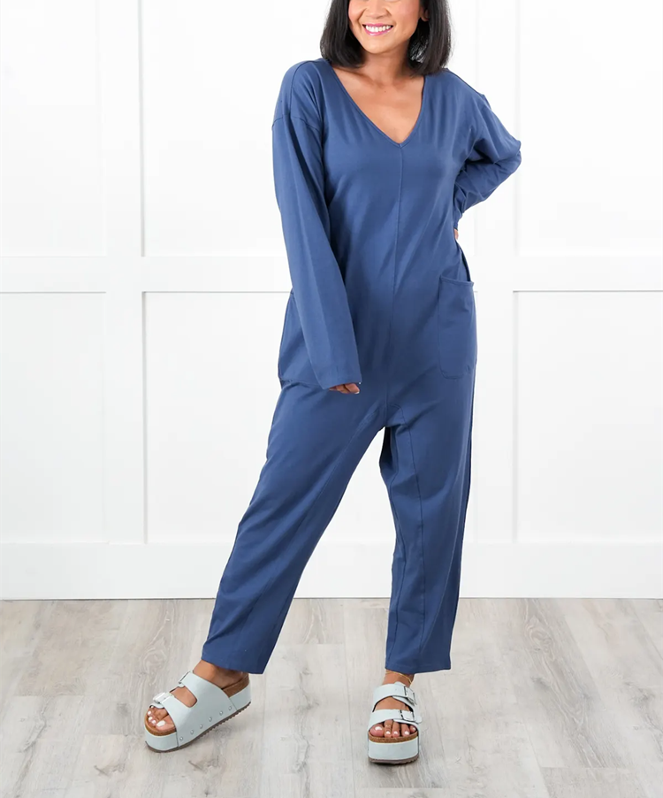 Solid Long Sleeve V Neck Jumpsuit With Patch Pockets (Multiple Colors)