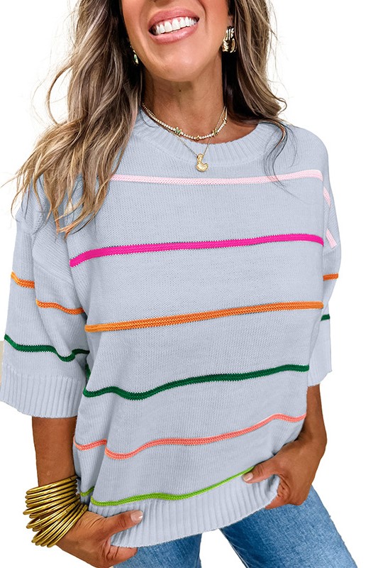 Women's Crew Neck Knit Striped Half Sleeve Drop Shoulder Sweater
