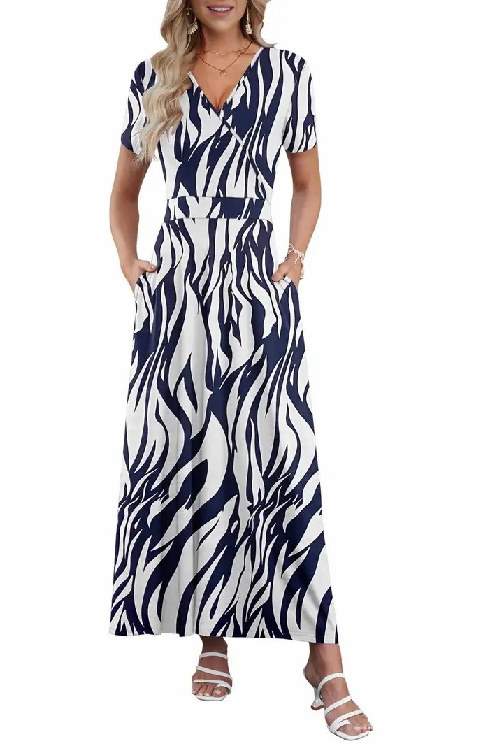 Women's V Neck Floral Print Beach Long Flowy Dress with Pockets