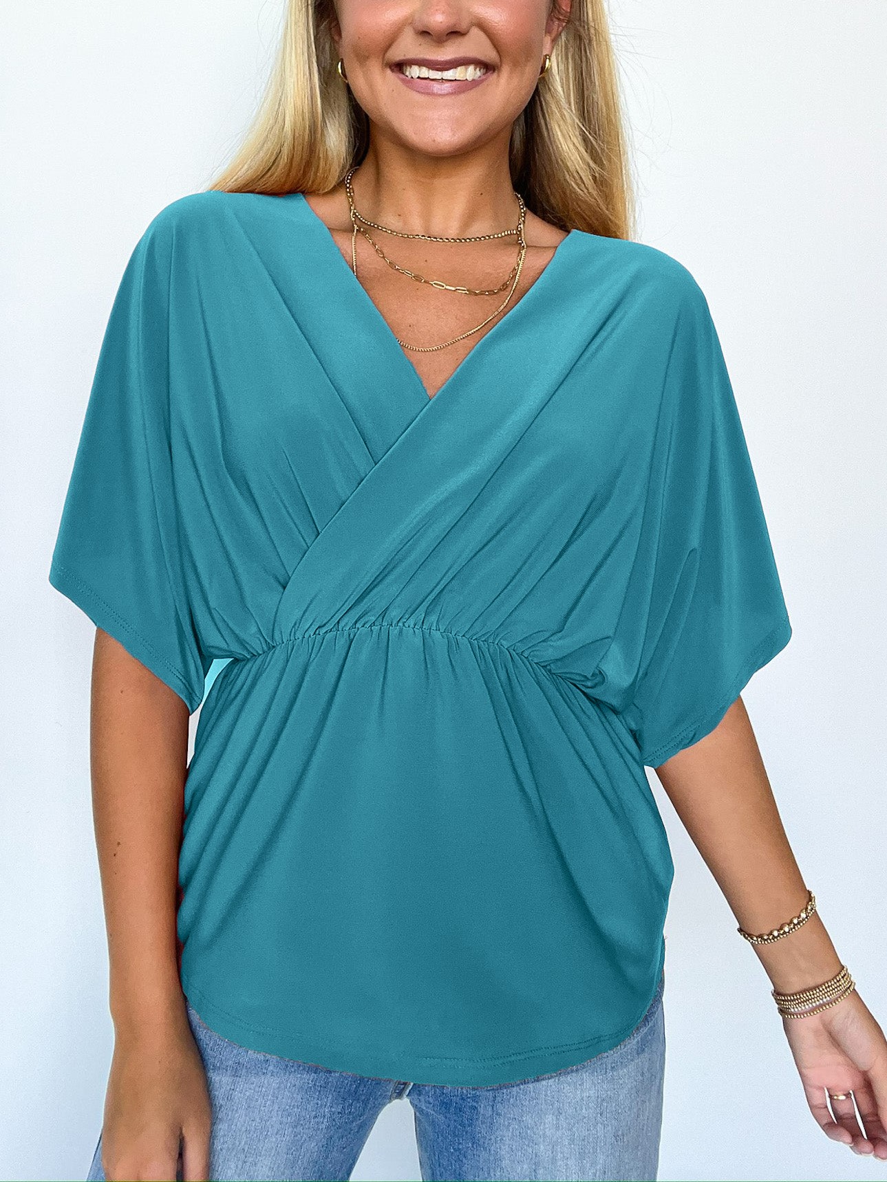 HOT SALE V Neck Solid Surplice Flowy Tunic Top