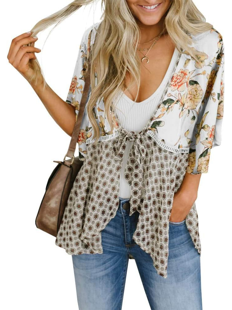 Women's Floral Kimono 3/4 Ruffle Sleeve Tie Cardigans Flowy Boho Loose Cover Ups