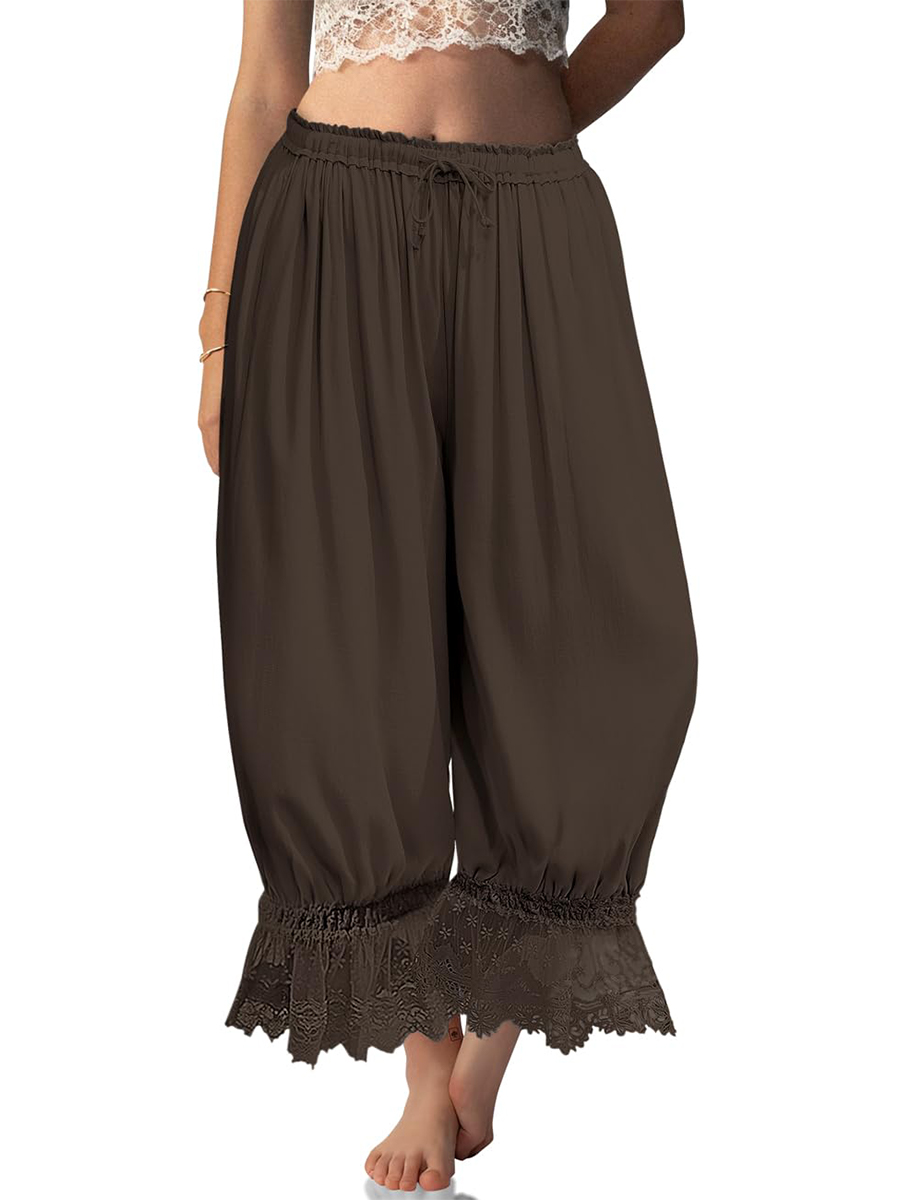 Women's Lace-Trimmed Ruffled Lantern Pants, Cropped Wide Leg Pants