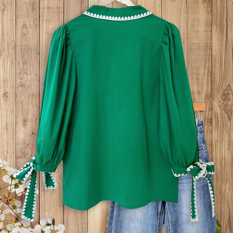 Women's Puff Sleeve Blouse V-Neck Lace Trim