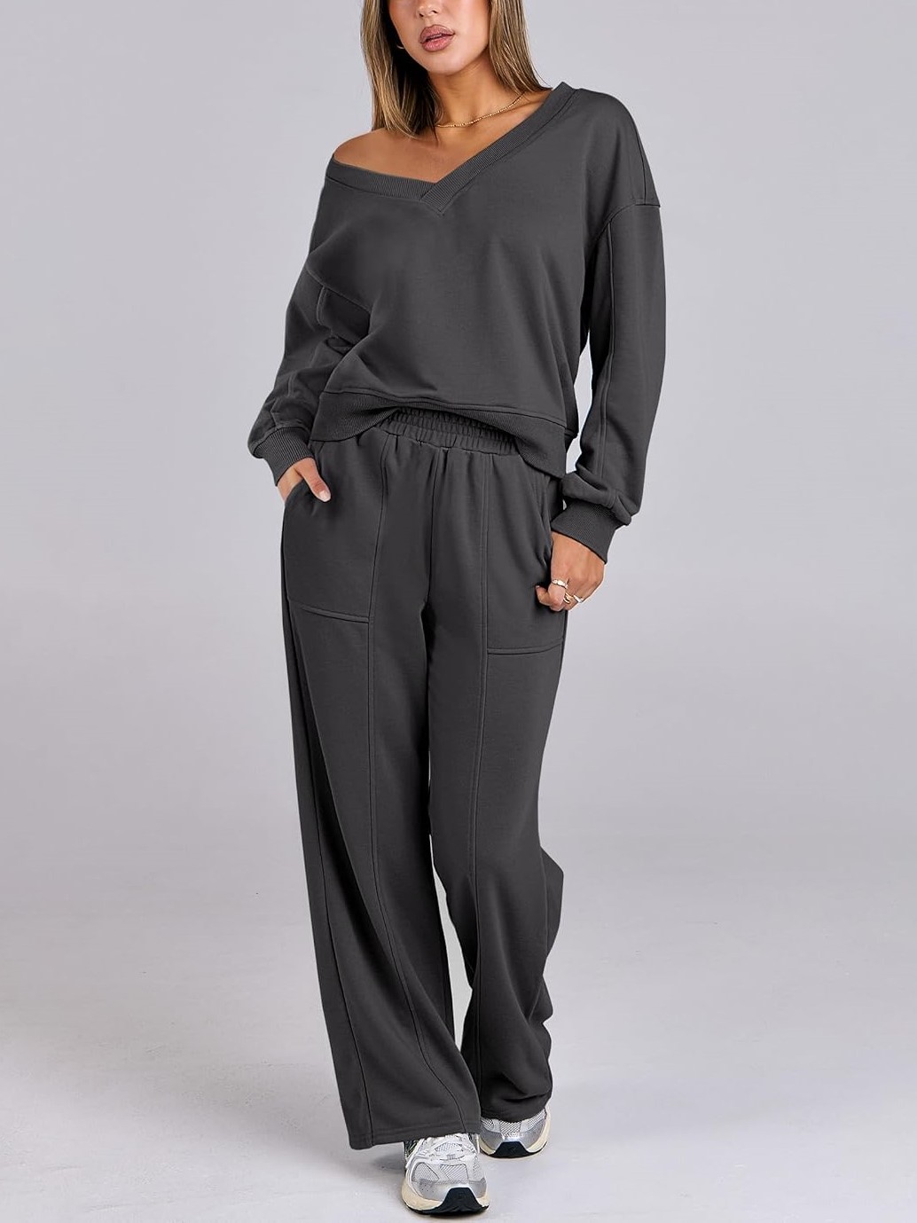 Women's V Neck Sweatshirts Wide Leg Jogger Sweatpants Lounge Sets
