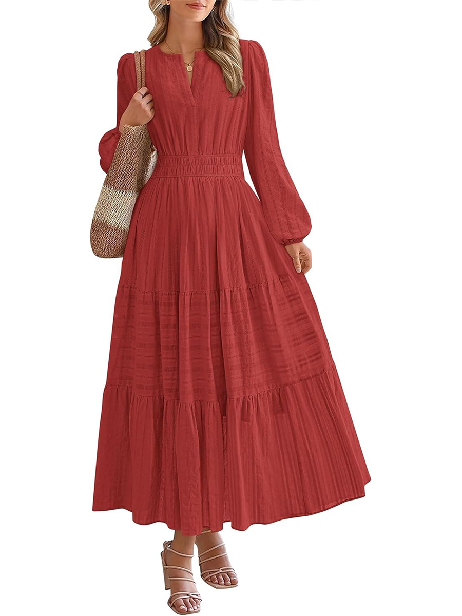 Women's Casual Long Sleeve V Neck Elastic Waist Lightweight Maxi Dress